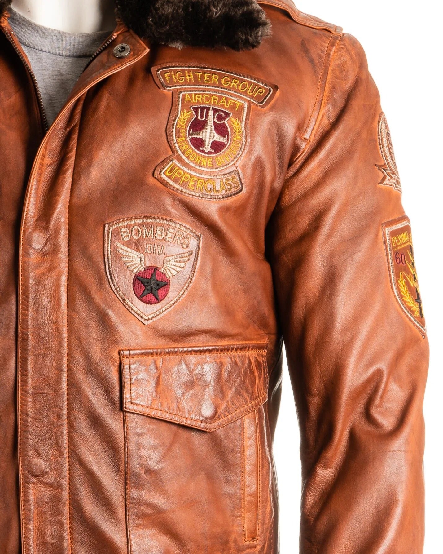 Men's Aviator Pilot Flight A2 Style Leather Jacket With Patch Detail Detachable Faux Fur Collar: Salvatore