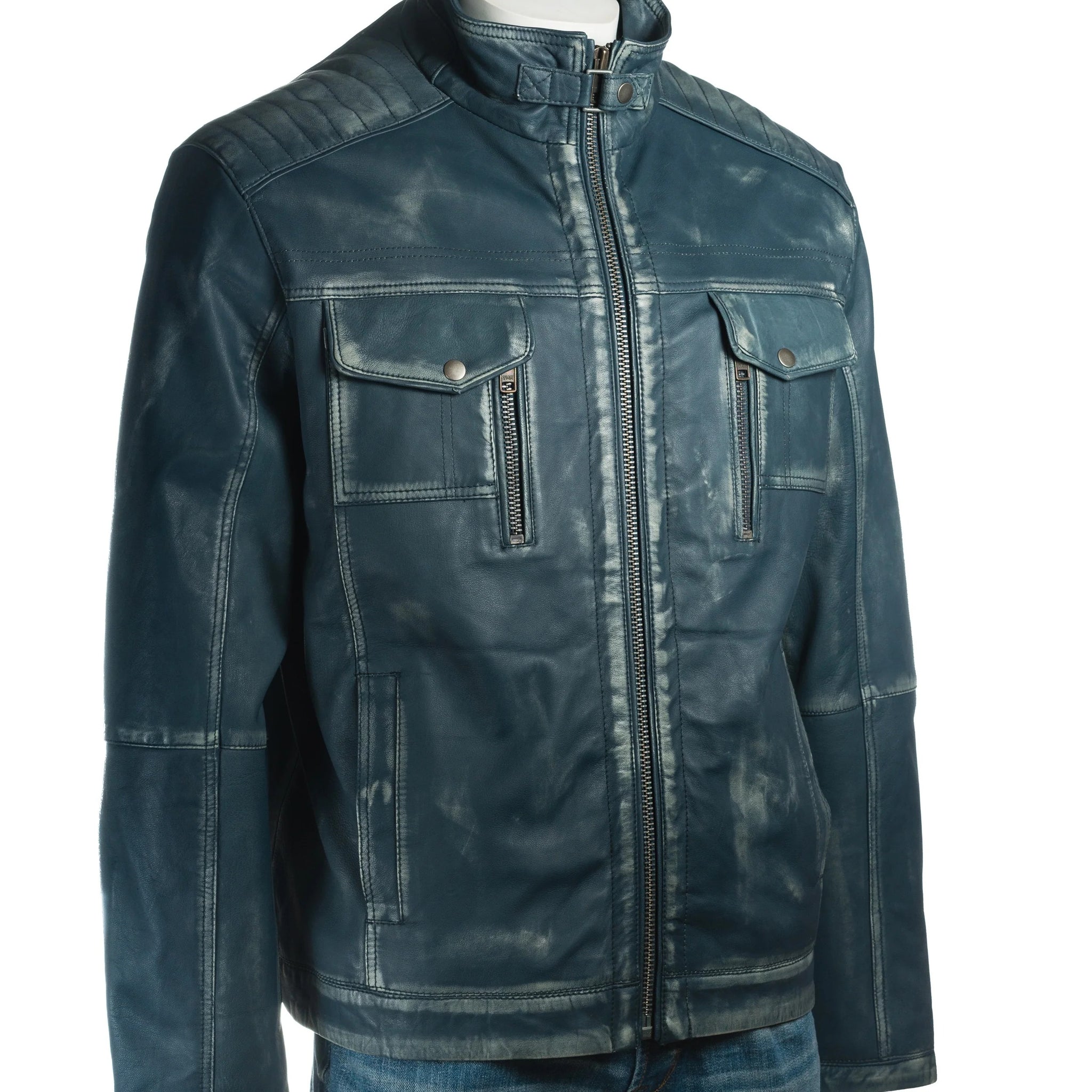 Men's Plus Size Antique Blue Vintage Biker Style Leather Jacket – Dominico