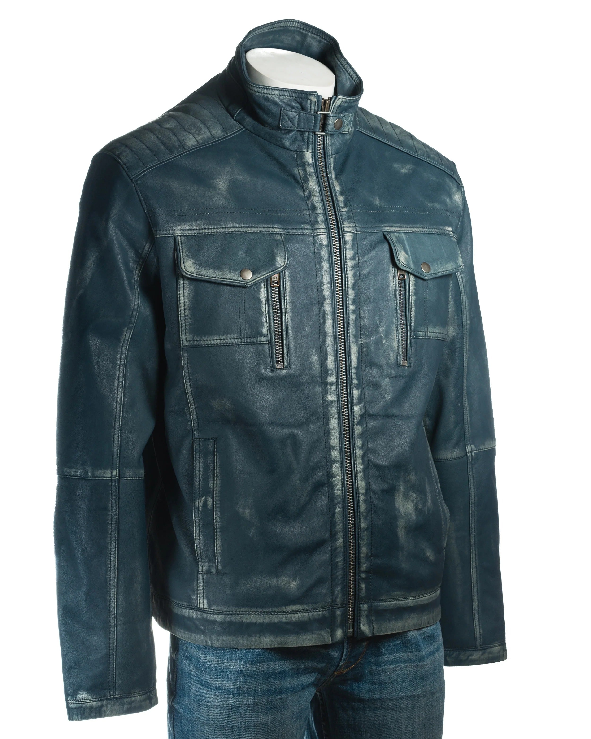 Men's Plus Size Antique Blue Vintage Biker Style Leather Jacket – Dominico