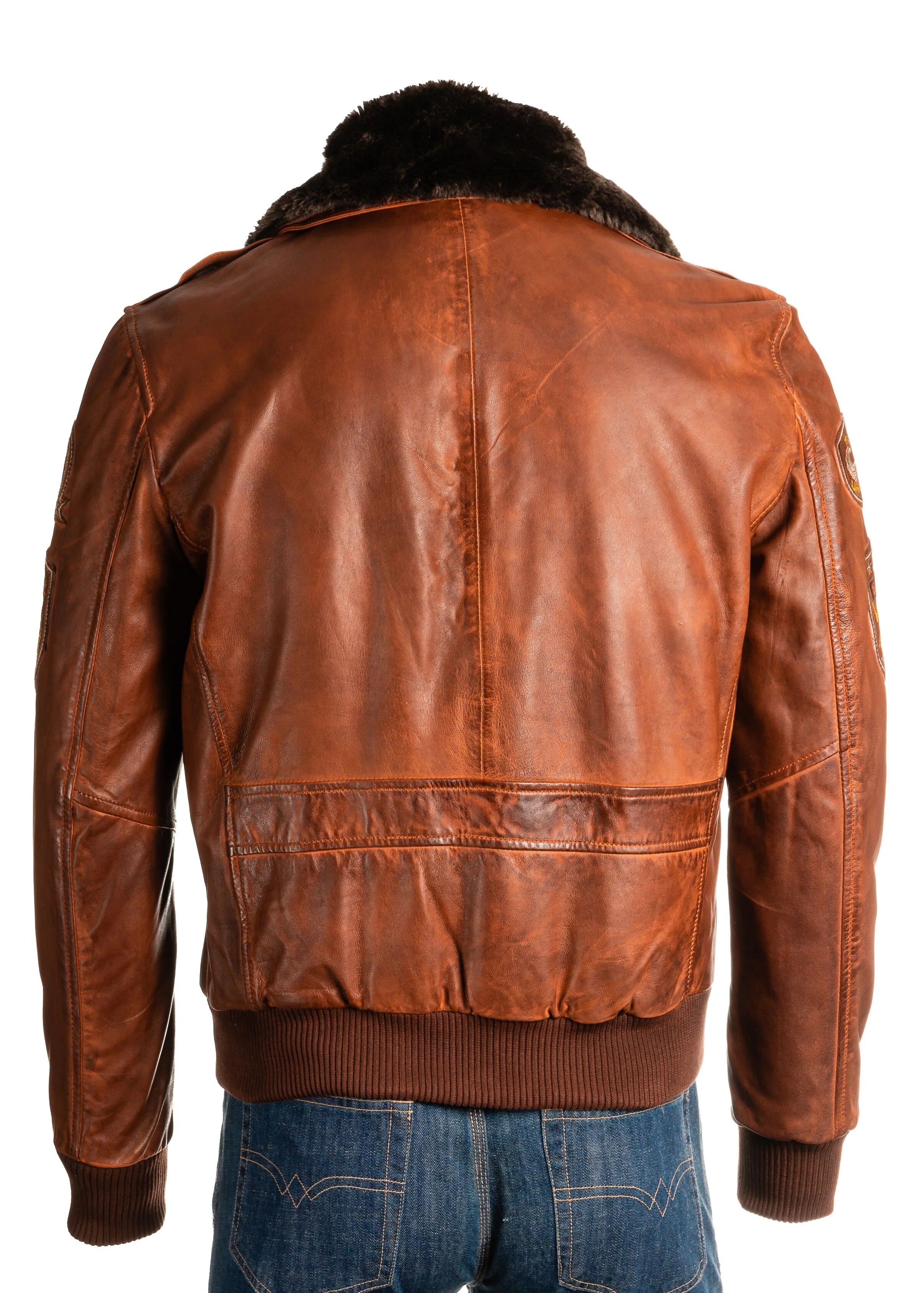 Men's Aviator Pilot Flight A2 Style Leather Jacket With Patch Detail Detachable Faux Fur Collar: Salvatore
