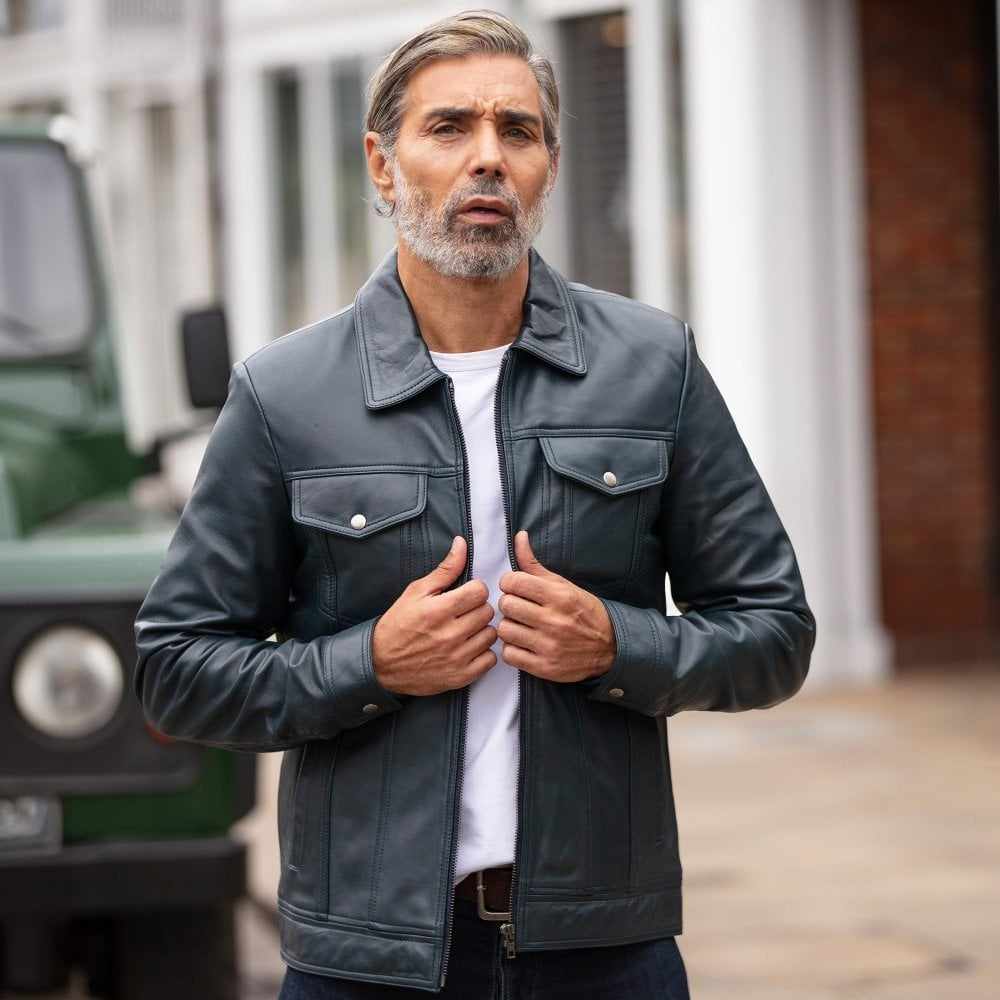 Leather Bomber Jacket Navy: 1896