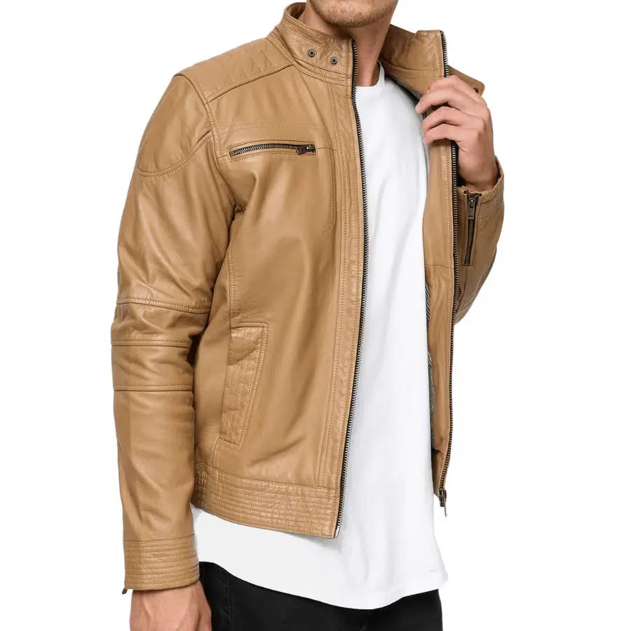Brent Tan Leather Biker Jacket