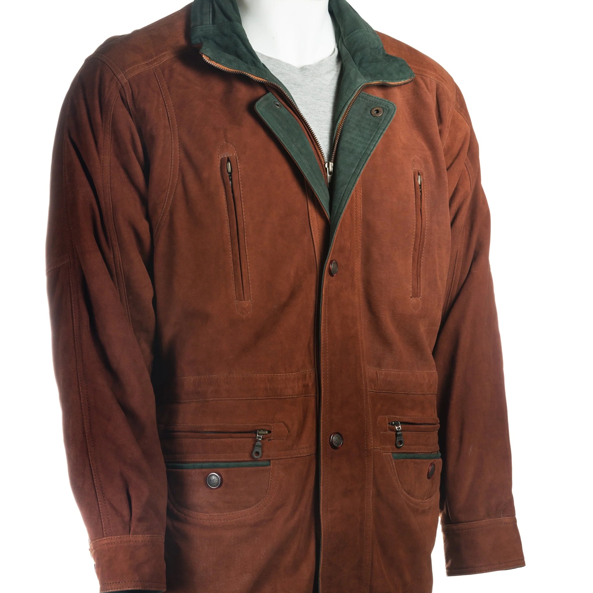 Men's Tan And Teal Nubuck Coat with Zipped Pockets: Fernando