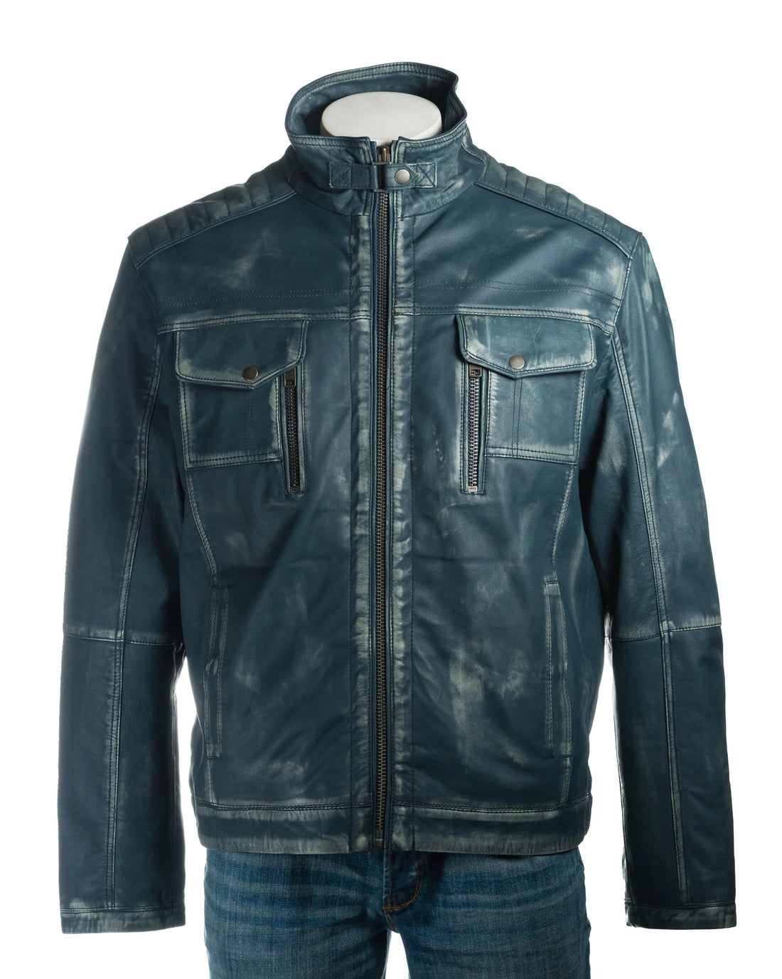Men's Plus Size Antique Blue Vintage Biker Style Leather Jacket – Dominico