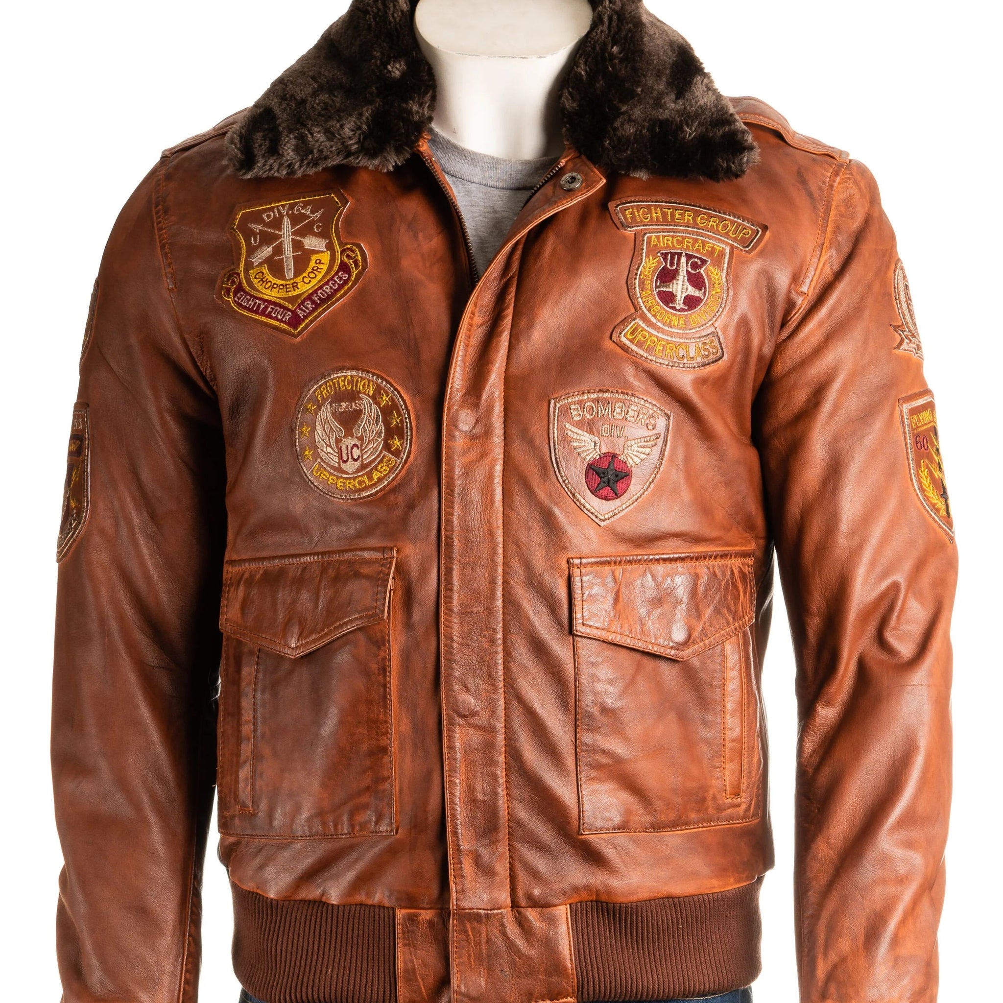 Men's Aviator Pilot Flight A2 Style Leather Jacket With Patch Detail Detachable Faux Fur Collar: Salvatore