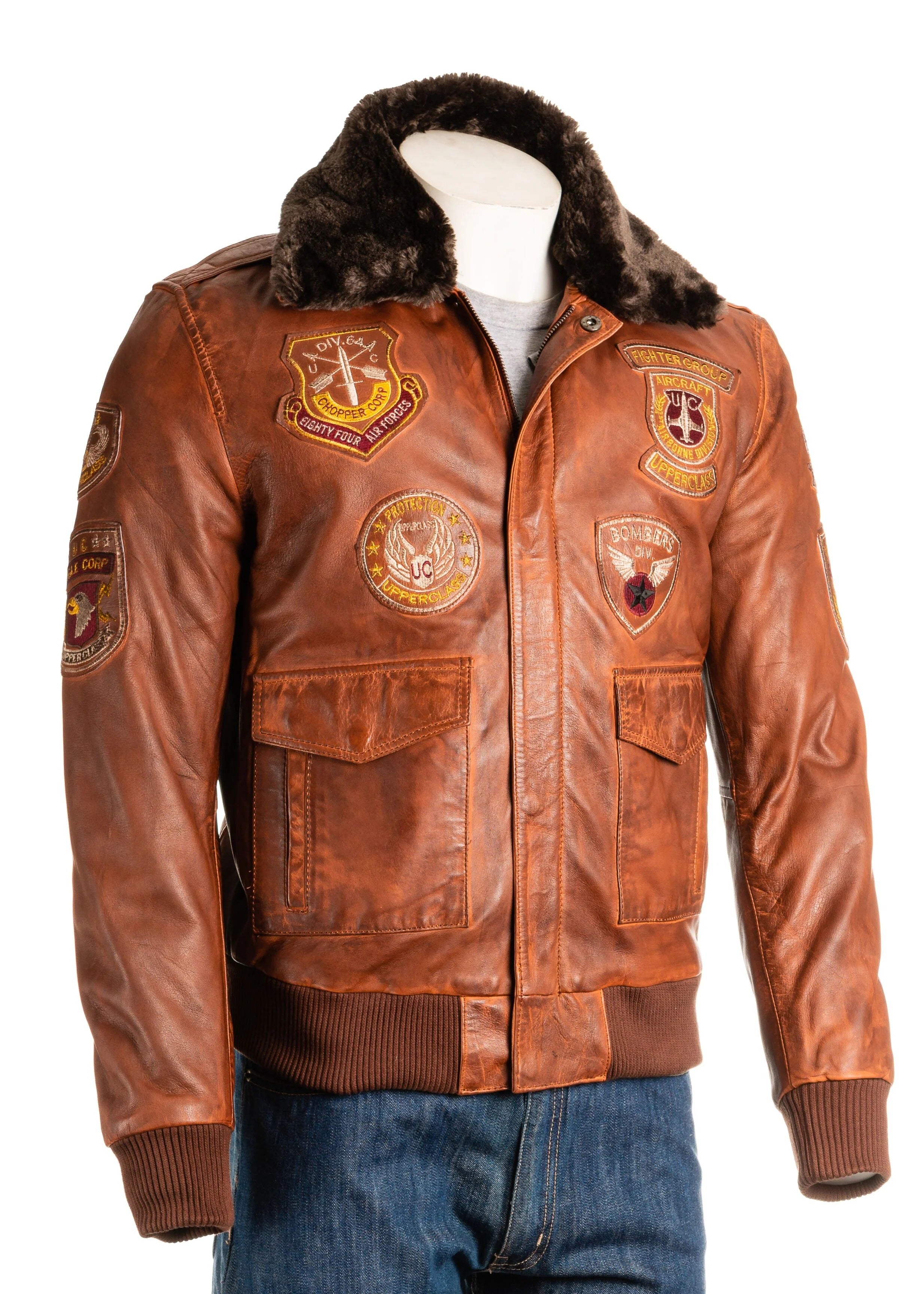 Men's Aviator Pilot Flight A2 Style Leather Jacket With Patch Detail Detachable Faux Fur Collar: Salvatore